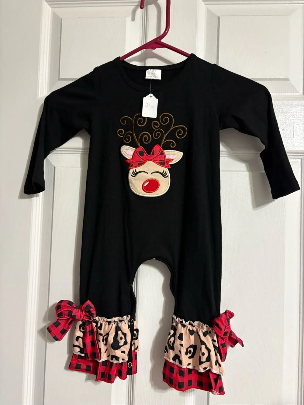 Black Baby Reindeer Romper with Red Bow & Plaid Ruffles size 2 t